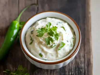 Eine Schale Remoulade mit Kräutern auf einem Holzbrett